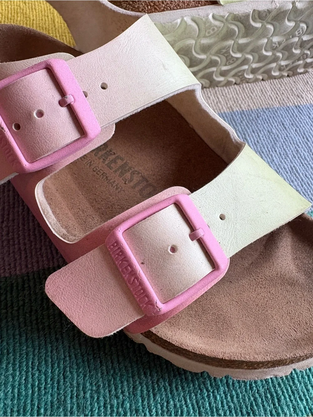 Birkenstock Kids Two-Strap Sandals in Pink and Light Green
